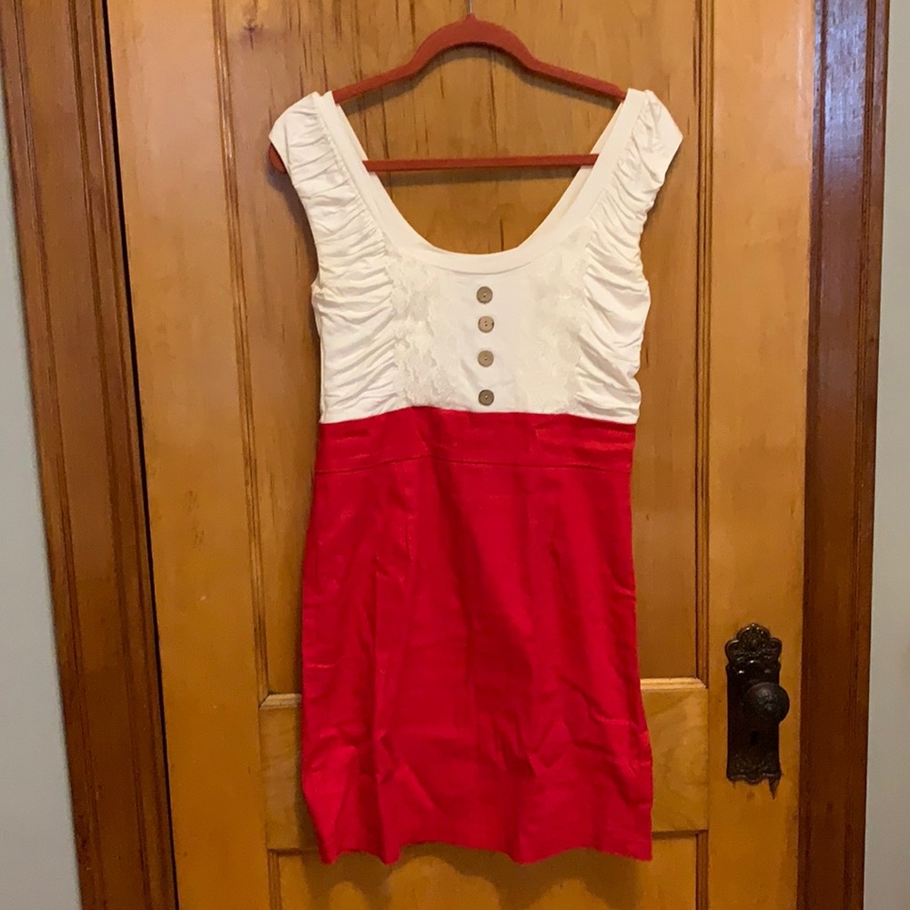 White and Red Color Block Dress with Lace Detail